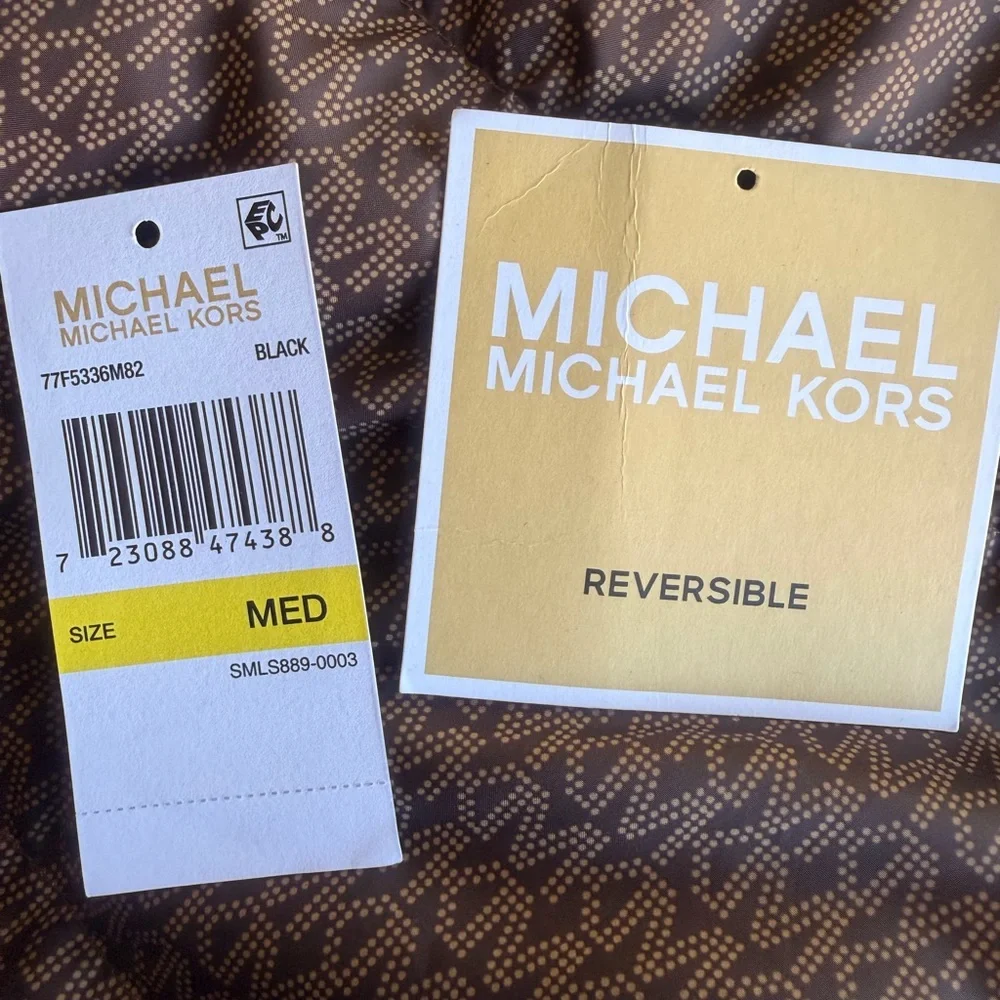 Michael Kors MK Monogram Dark Brown Reversible Puffer Jacket With Gold Hardware
